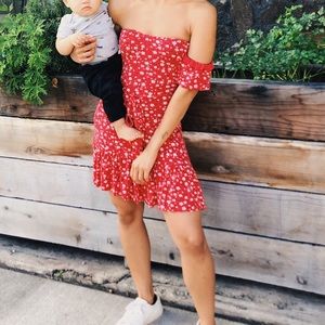 Red floral jersey knit mini dress XS S